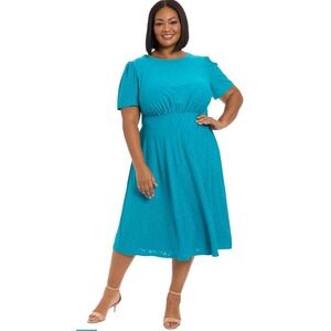 London Times NWT T7727M A Line Puff Sleeve Cocktail Midi Dress Eyelet Blue Sz 14